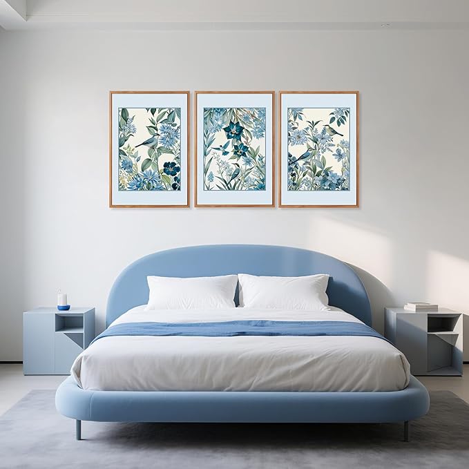 Aurlan Vintage Blue Birds and Botanical Framed Wall Art(24"x36"), 3PCS Classic Chinoiserie Audubon Bird Canvas Artwork, Large Abstract Watercolor Flowers Floral Home Decor for Bedroom Living Room