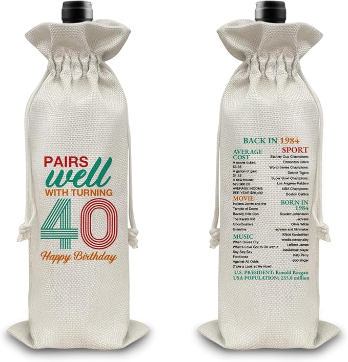 40th Birthday Gifts Wine Bag Congratulations Gifts for Women Men Parents Mom Dad Anniversary Favors 1984 with Time Information Wine Gift Bag