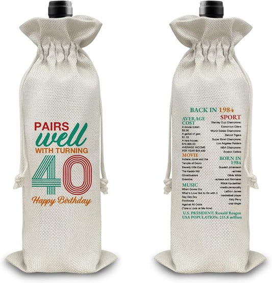 40th Birthday Gifts Wine Bag Congratulations Gifts for Women Men Parents Mom Dad Anniversary Favors 1984 with Time Information Wine Gift Bag