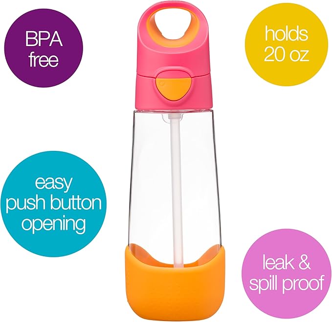 b.box 20oz Tritan Straw Bottle | Large, Modern Water Bottle with Flip Straw for Kids | Spill Proof, BPA Free (Strawberry Shake, 20 oz)