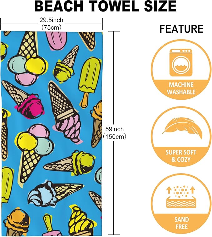 Beach Towel, Vintage Ice Cream Doodle Beach Towel Oversized Sand Proof Absorbent, Quick-Dry Bath Pool Swim Towel for Shower Spa Vacation, 29.5” X 59”