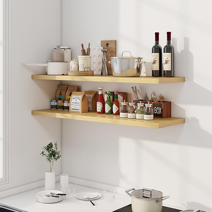 48" Floating Shelves for Wall, 12" Deep Slim Oak Floating Shelves, Wall-Mounted Shelves for Bedroom, Living Room, Kitchen, Bathroom - Set of 2