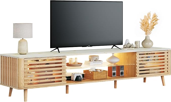 70" Mid Century Modern TV Stand for 55/65/75 Inch TV, Faux Marble Top Entertainment Center with Slatied Sliding Door & LED Lights, Low TV Console with Glass Shelves for Bedroom, Living Room