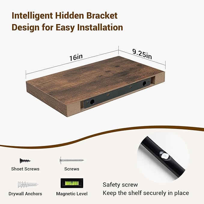 16 Inch Floating Shelves, 16"x9.25"x1.5" Inch Deep Floating Shelves for Wall, Wooden Shelves for Bathroom, Bedroom, Living Room, Brown