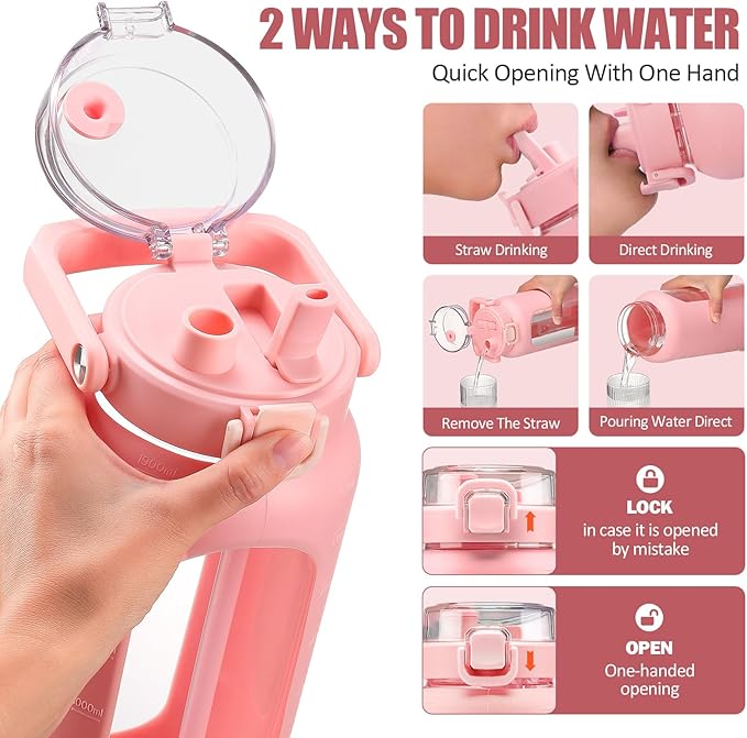 BLUEGO 64 oz Glass Water Bottle, Drinking Water Bottle with Handle and Straw, Half Gallon Motivational Water Bottle with Silicone Sleeve and Time Marker, Sports Water Bottle, BPA Free Pink