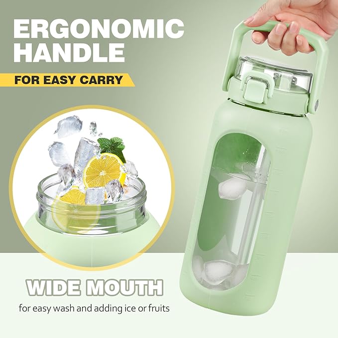 BLUEGO 64oz Glass Water Bottle with Handle and Straw, Motivational Sports Water Bottle with Time Marker and Silicone Sleeve Leakproof Drinking Bottle for Travel Gym Workout, Light Green