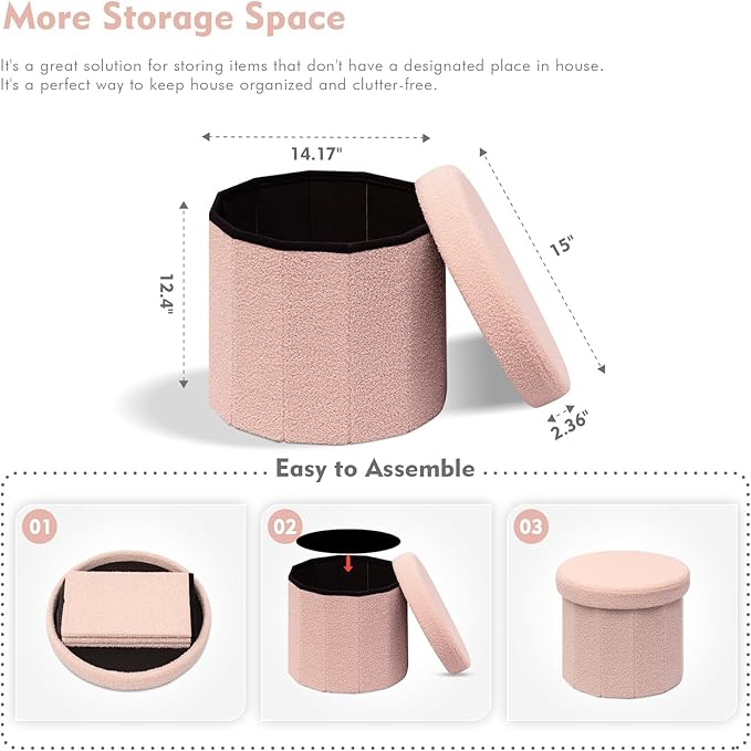 B FSOBEIIALEO Storage Ottoman Cube, Round Ottomans with Storage Foot Stool Footrest for Lving Room, Boucle Ottoman Seat for Dorm Room,Faux Teddy Fur, Pink 15"x15"x15"