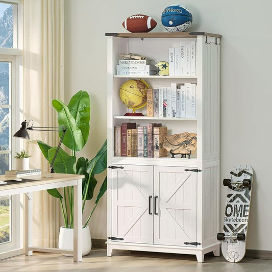 5 Tier Bookshelf 70in Tall Bookcase with Barn Doors and Storage Cabinet, White Farmhouse Book Shelf with Adjustable Shelves, Wood Freestanding Display Bookshelves for Bedroom, Living Room