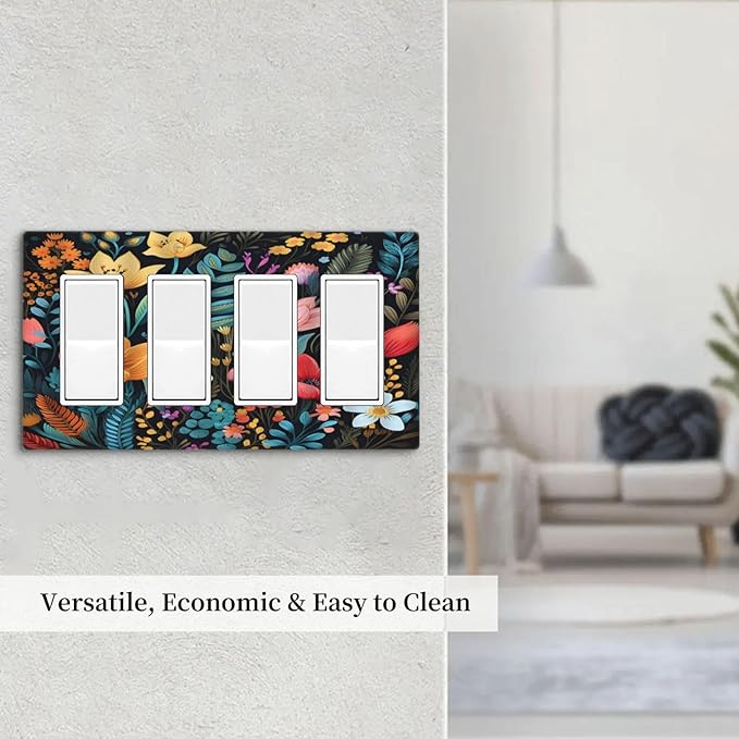 Boho Floral Vintage Flower Leaves Rustic Wildflower Plants 4 Gang Rocker Decora Light Switch Cover Outlet Covers Wall Plate Decorative Switchplate Electrical Faceplate GFCI for Country Bedroom Decor