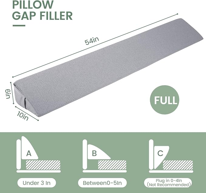 Bed Wedge Pillow for Headboard Full Size(54"X10"X6"), Comfy Headboard Pillow Wedge for Gap(0-6''), Triangle Mattress Wedge Pillow for Sleeping Reading, Bed Gap Filler for Headboard(Grey)