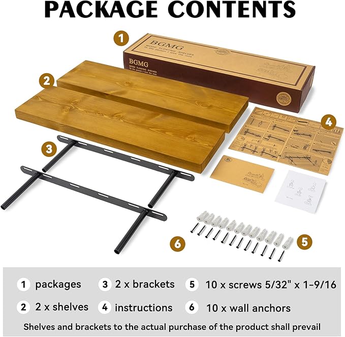 BGMG Wood Floating Shelves for Wall 16 inch Set of 2, Rustic Wooden Wall Mount Shelves for Living Room Bedroom Kitchen Farmhouse-16x6.7x1.25 inch- Gold Oak