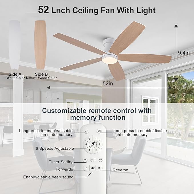 52 inch Ceiling Fans with Lights and Remote,Flush Mount White Ceiling Fan,Memory Fuction Reversible Quiet DC Motor Low Profile Ceiling Fans For Living Room Bedroom Outdoor(White&Natural Wood)
