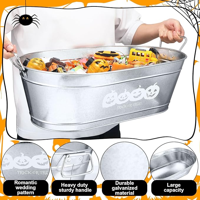 2 Pcs Halloween Pumpkin 5.5 Gallons Galvanized Beverage Stainless Steel Ice Buckets Tubs with Handles, Large Drink Wine Cooler Bins for Parties Farmhouse Garden Bar Christmas(Trick or Treat)