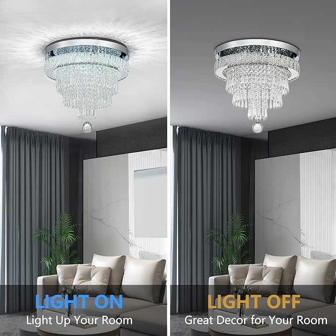 16“ Crystal Chandeliers Round Modern LED Chandelier Light Flush Mount Ceiling Light Fixtures with Remote Control for Bedroom Living Room Dining Room (dimmable)