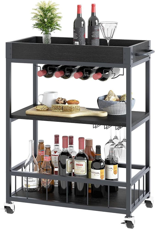 Bar Cart Serving Wine 3 Tier Home Rolling Rack with Wheels Mobile Kitchen Industrial Vintage Style Wood Metal Serving Trolley Serving Cart, Drink Cart for Living Room Kitchen