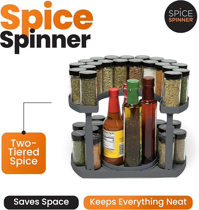 2-Tier Spice Rack Organizer for Cabinet | Rotating Lazy Susan Spice Organizer Holds 40 Spice Jars | Countertop & Pantry Spice Shelf for Kitchen Organization & Storage (Gray)