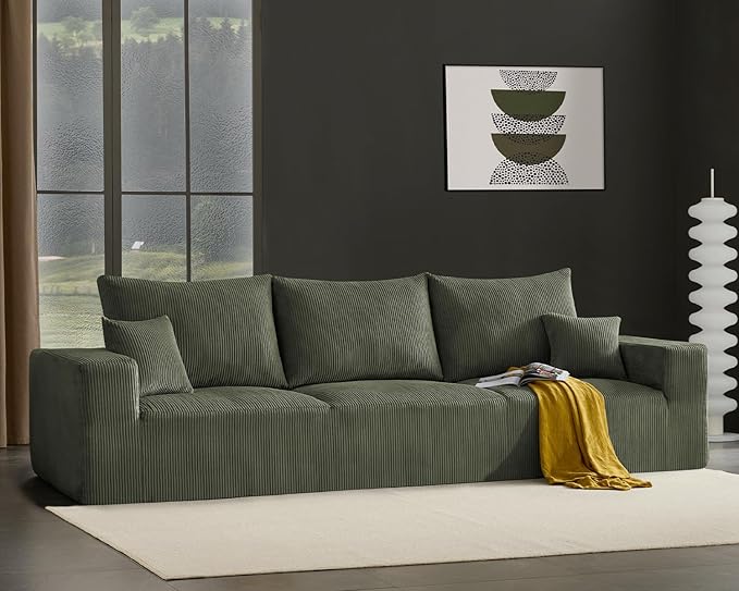 Boneless Cloud Couch Sofa for Living Room, 112" 3 Seater Green Modern Lounge Sleeper Couch, No Assemble, Cordury Compression Upholstered Couches