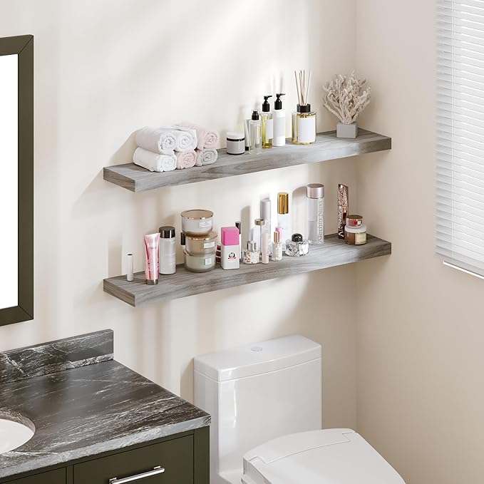 BAMEOS Floating Shelves, Walnut Wall Mounted Wooden Shelves with Invisible Brackets Set of 2, Hanging Wall Shelves Decoration for Bedroom, Bathroom, Living Room and Kitchen