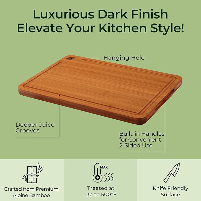 Butcher Block 2-Pcs Carbonized Bamboo Cutting Board Set With Juice Groove For Meal Prep & Cheese Serving - Ideal Kitchen Gift Set of 2 (M+L)