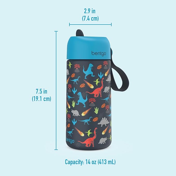 Bentgo® Kids Stainless Steel Insulated Water Bottle - Leak-Proof; Keeps Cool for 12 Hours; Durable, BPA-Free, Dishwasher Safe 14 oz. Cup for Ages 3+ for School/Sports/Daycare (Dinosaur)