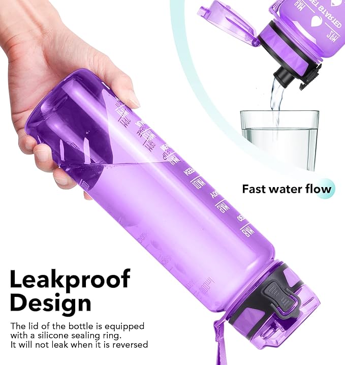 26oz Motivational Water Bottle with Time Marker & Fruit Strainer, Leak-proof BPA Free Non-Toxic Bottle with Carrying Strap, Perfect for Fitness, Gym and Outdoor Sports