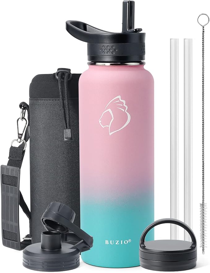 BUZIO Water Bottle with Straw lid, Spout Lid, Hand Lid and Carrying Pouch, 32oz 40oz 64oz Stainless Steel Water Flask Jug, Cold for 48 Hrs Hot for 24 Hrs Double Vacuum Thermo Canteen Mug, BPA-Free