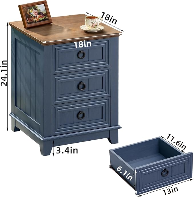 18" Farmhouse Night Stand with 3 Drawers, Wood End Table Dresser for Bedroom, Navy Blue Nightstand, Bed Side Table with Metal Handle, Bedside Cabinet for Bedroom Living Room, Closet
