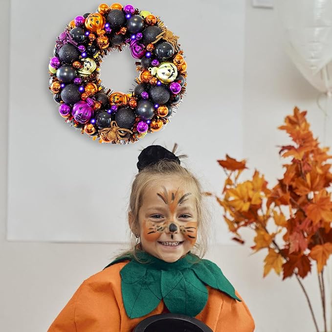 13.8 Inch Halloween Ball Wreath for Front Door with Lights, Lighted Cute Treat-or-Trick Door Wreath Ball Ornament for Halloween Indoor Decorations Centerpiece Party Holiday Wall Home Decor
