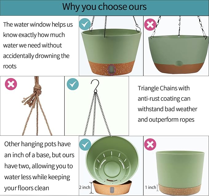 2 Pack Hanging Planters, 10 inch Indoor Outdoor Hanging Plant Pot Basket, Hanging Plastic Flower Pot with Drainage Hole with Removable Tray&Hooks for Hanging Plants,Green