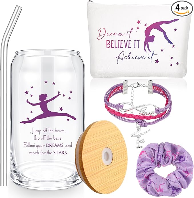 4 Pcs Gymnastics Gifts Gymnastics Glass Cup 16oz Inspirational Gymnastics Water Bottles Makeup Bag Bracelet Elastic Scrunchies for Girls Gymnastics Lovers Back to School