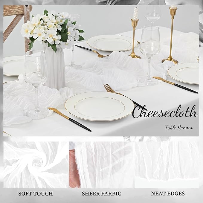 10FT 6 Pack White Cheesecloth Table Runner 20 x 120 Inch Long Rustic Gauze Cheese Cloth Table Runner for Wedding Bridal Baby Shower Table Decorations Boho Fabric Sheer Birthday Party Table Decor