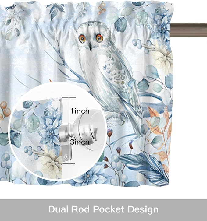 Blue Christmas Kitchen Curtains and Valances Set, Winter Snowy Owl Poinsettia Eucalyptus Leaves Windows Treatments Tiers Half/Short Curtains for Small Windows Cafe /Living Room/ Bedroom 54x36 in