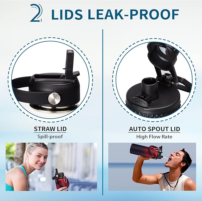 40 OZ Insulated Water Bottles with Straw Lid, Stainless Steel Water Bottle for Men Women, Wide Mouth Water Flask Sports Hydro Jug with Shoulder Carrier Bag, Paracord Handle, Straw & Spout Lids