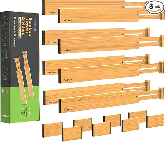 ANTOWIN Bamboo Drawer Dividers Organizers 16pcs, Expandable Drawer Separators Splitter, 17-22 inches Long Adjustable Spring-loaded Organizer for Large Utensil, Clothes, Tools Drawers (8+8)