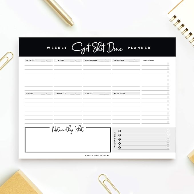 Bliss Collections Weekly Planning Pad, To Do List Notebook - Undated Tear-Off Sheets Notepad - Work Calendar, Organizer, Scheduler for Goals, Tasks - Get Stuff Done, 8.5" x 11", 50 Sheets