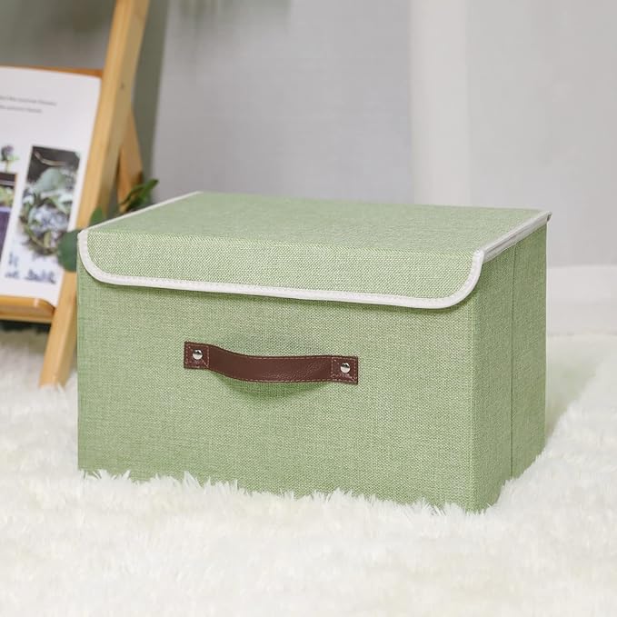 ANMINY Storage Bin with Lid Storage Boxes with PU Leather Handles PP Plastic Board Decorative Foldable Lidded Cotton Linen Fabric Home Cubes Baskets Closet Organizer Container - Green, Large Size