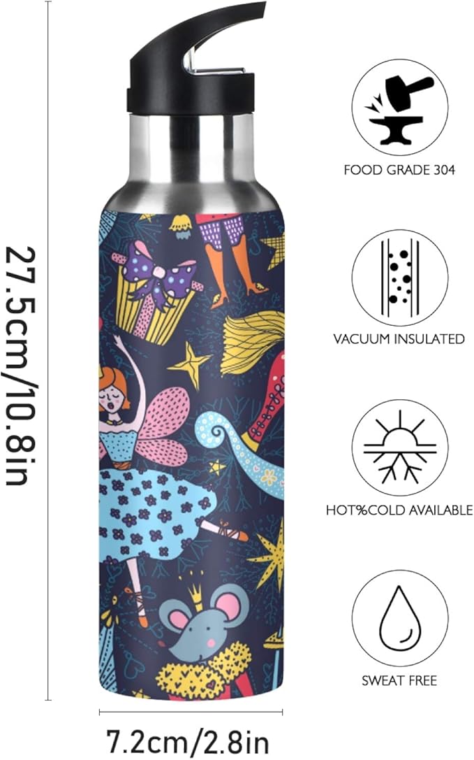 Blueangle Christmas Nutcracker Stainless Steel Water Bottle with Straw, BPA Free Reusable Leakproof Water Jug for Fitness Camping Outdoor Sport