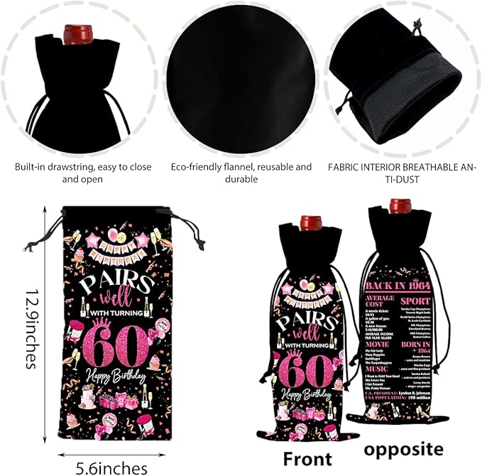 60th Birthday Gifts for Women Men Wine Bag, Cool Gifts for 60 Year Old Woman, 60th Birthday Party Decorations for Woman Men, Pairs Well with Turning 60 Wine Bags (Black Pink)