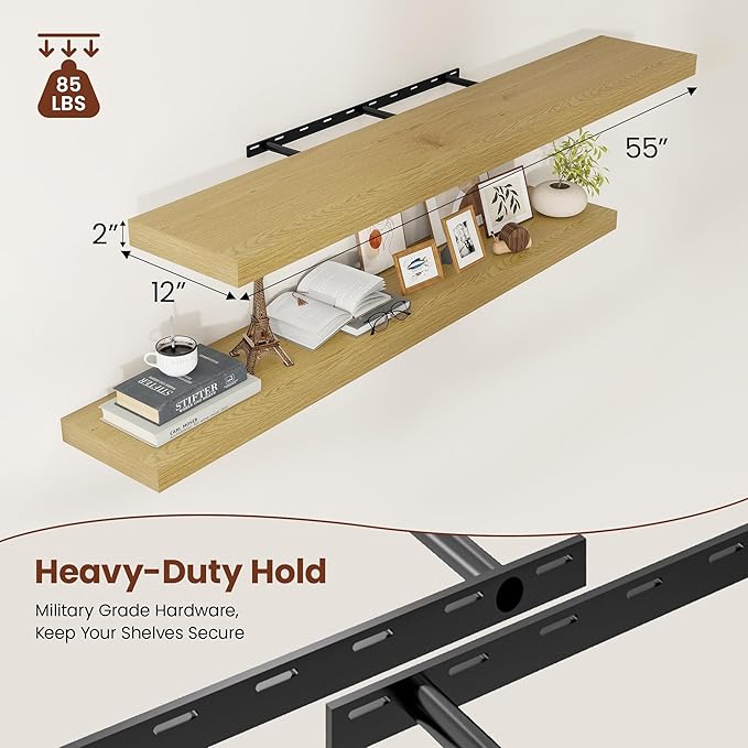 12 Inch Deep Floating Shelves 55 inch Long, 55 x 12 Wide Wall Shelves with Invisible Brackets, Heavy Duty Shelf for Bedroom Bathroom Living Room Kitchen Office Home Decor, Modern Shelf Set of 2, Oak