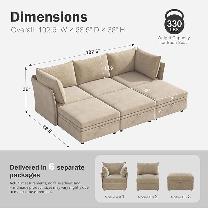 102.6" Luxury Modular Sleeper Sofa Bed 6 Seat Reversible Sectional Couch Deep Seat with Storage Chaises Removable Cover for Living Room, Apartment - Chenille Beige