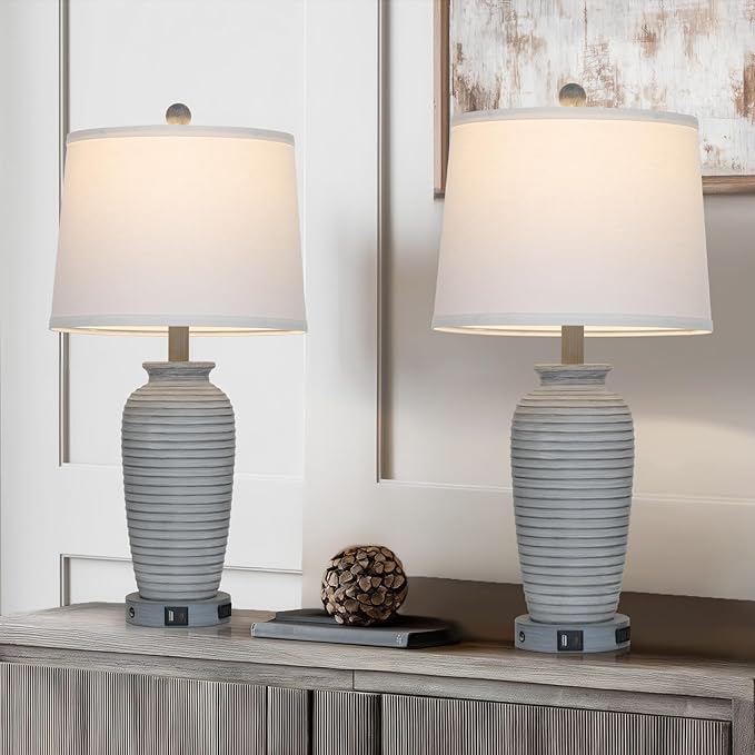 25" Farmhouse Jar Table Lamp Set of 2 Vintage Rustic Lamps for Living Room, Resin Bedside Nightstand Lamps with Linen Lampshades, Retro Pot Lamp for Living Room, Bedroom(LED Bulbs Included)