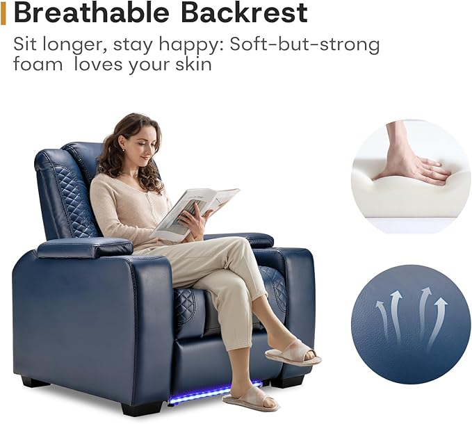 ANJ Power Home Theater Seating, PU Leather Electric Recliner Chair with Powered Headrest, Dual Motors Movie Reclining Chairs with LED Lights,USB Port, Cup Holders, Hidden Arm Storage (Blue & Black)