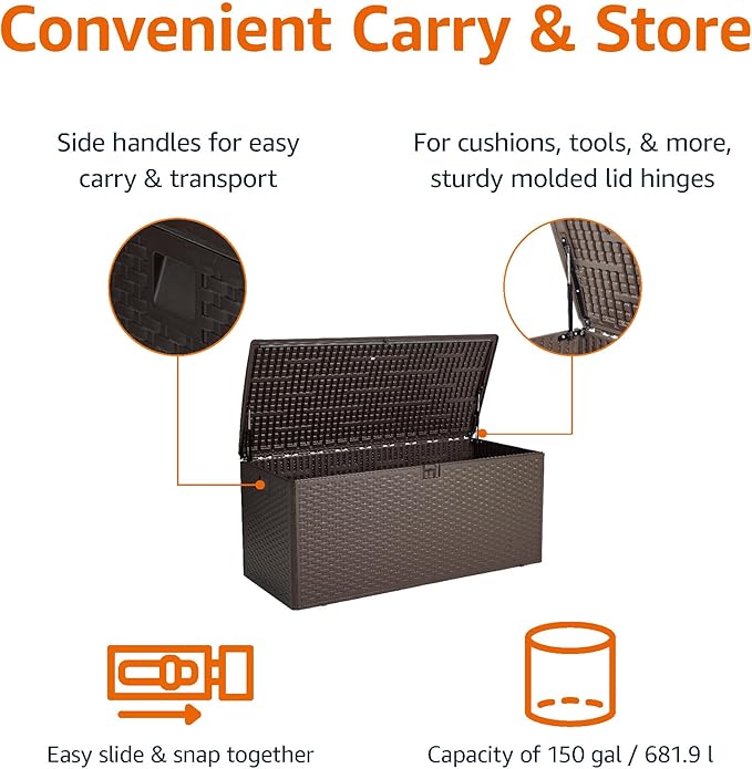 Amazon Basics Outdoor Patio Storage Box 150 Gallon Deck Box, Waterproof and Weather-resistant, Furniture Cushions Garden Tools, Brown