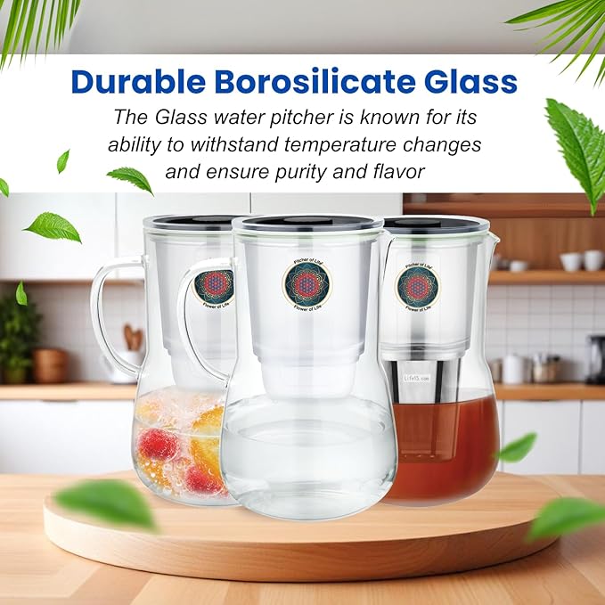 Borosilicate Glass Alkaline Water Pitcher of Life with Stainless Steel Fruit infuser Glass Water Filter Pitcher with Lid Clearly Filtered Water Pitcher Increases pH NSF/ANSI 42 & 61 Certified Filters