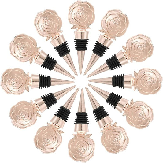 12PCS Rose Beverage Wine Bottle Stopper Wine Caps Reusable Plug Keep Wine Fresh for Birthday Wedding Bridal Shower Favors for Guests Gifts with Kraft Tags(12,Opp Rose Stopper)