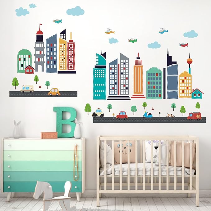 49pcs Cars City Wall Decals Removable Sticker for Kids Cartoon Cloud Skyscraper Construction Wall Stickers Airplane Kids Wall Decor Children's Day Gift Wallpapers for Nursery Classroom Playroom