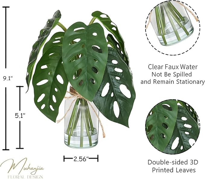 Artificial Flowers Turtle-Back, Alocasia Leaf, in Glass Vase with Faux Water,7Pcs Artificial Leaves Real Touch Latex Leaves for Centerpiece (2, Turtle-Back&Alocasia Leaves)