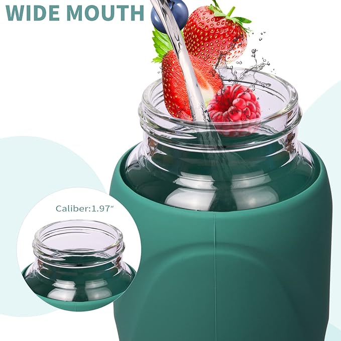 32 oz Sports Glass Water Bottle with Straw & Silicone Sleeve Reusable BPA-free Borosilicate Glass Drinking Bottle with Flip Top Lid & Handle Wide Mouth (Deep Green)