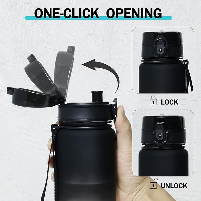 32oz/1L Water Bottle, Sports Water Bottle with Times to Drink & Lock Cover+Strainer,BPA-Free, Leakage Proof, Sports Drink Bottle for Bicycle, Outdoor, Gym, School, Reusable Daily(Black-Gray)