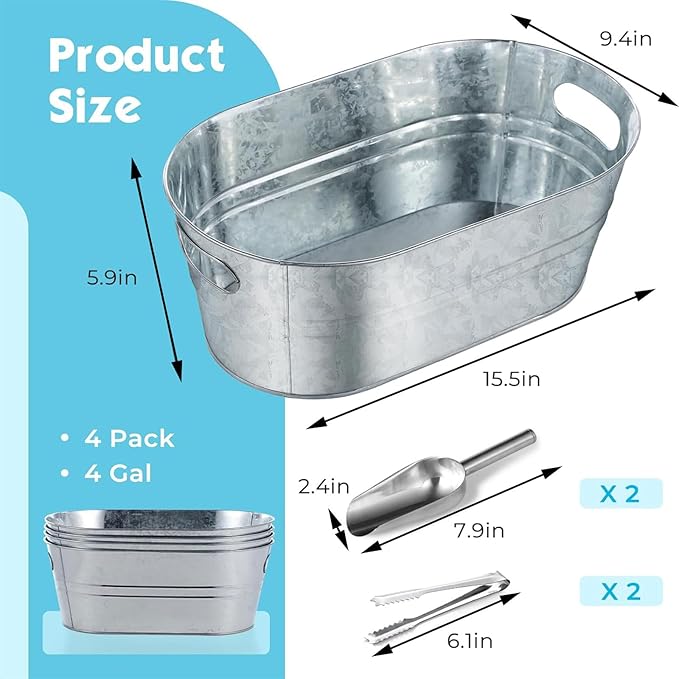 4 Pack Metal Ice Bucket, Galvanized Tub Ice Buckets For Parties, 4 Gallon Large Ice Bucket, With 2 Ice Bucket & 2 Tongs Cooler Bucket, For Festive Party Drink Cocktail Bar Champagne Bottle Bucket